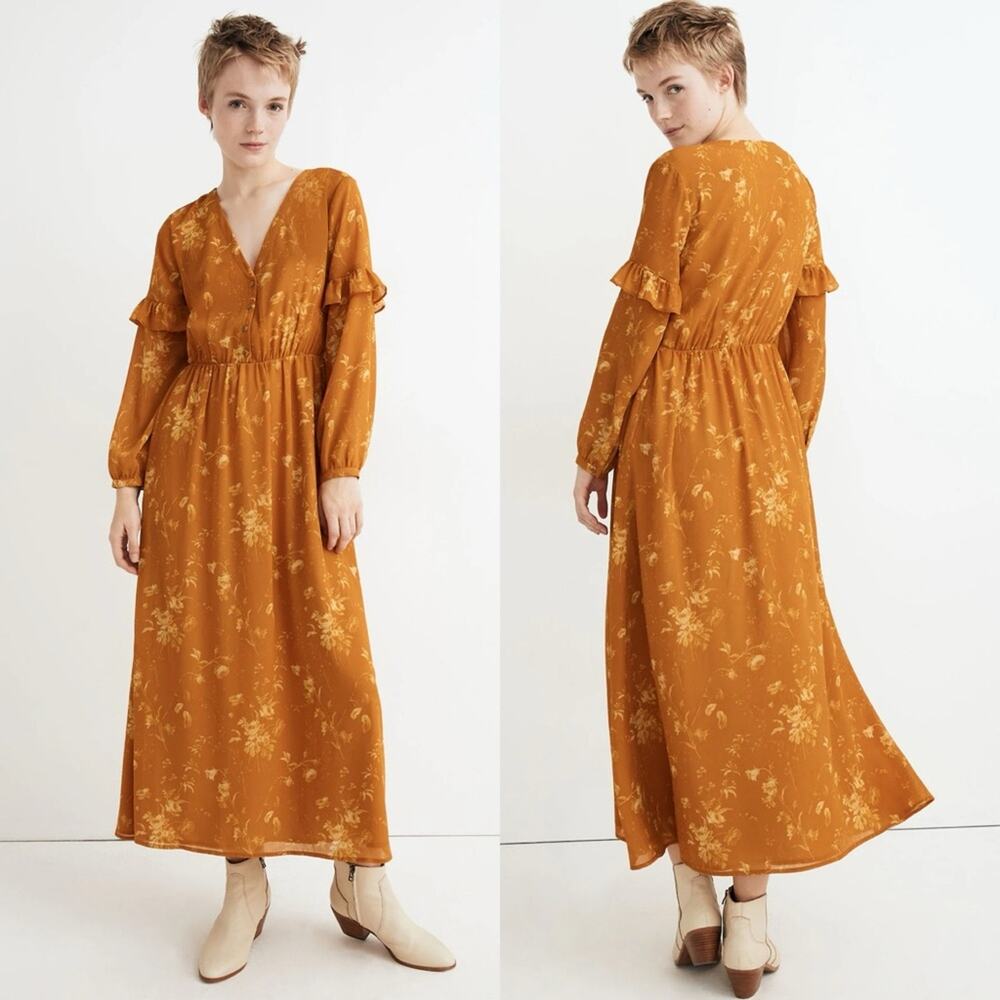 Madewell Ruffle-Sleeve Button-Front Dress in Tonal‎ Botanical Rich Amber Size 0